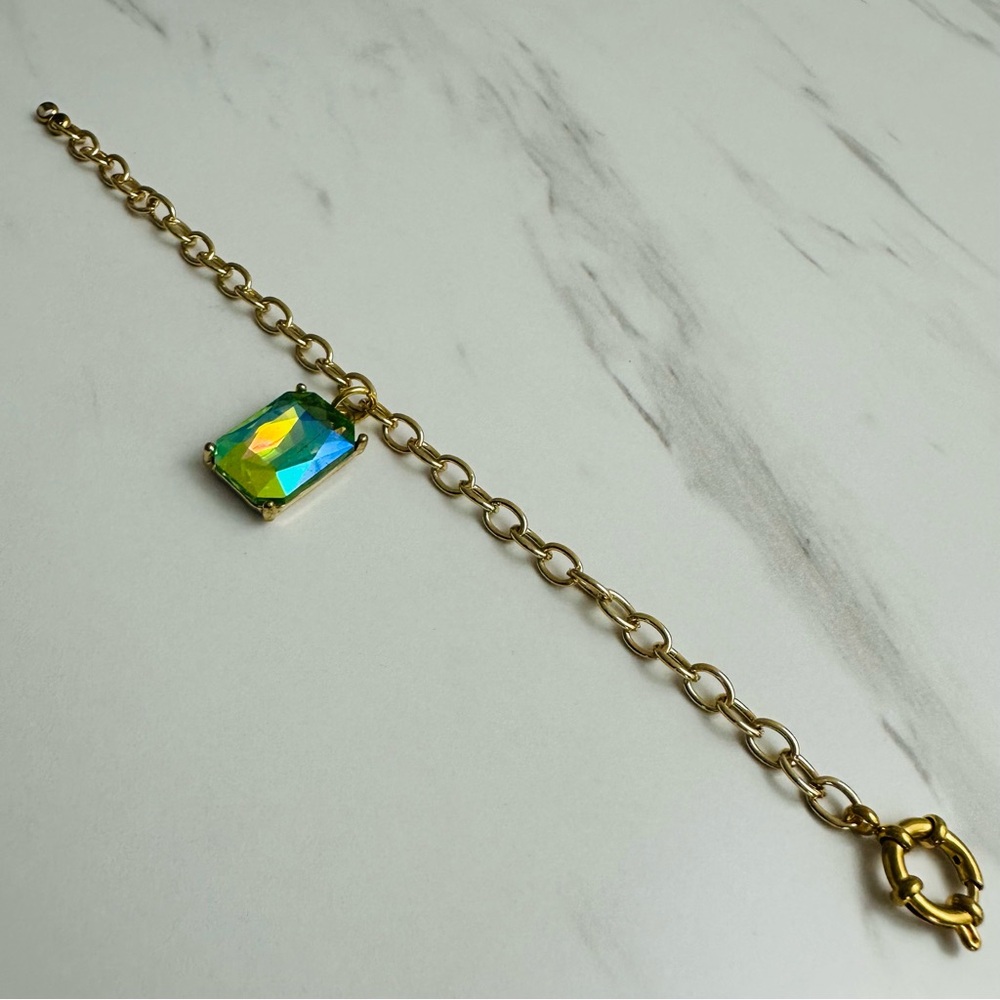 Handcrafted Gold Tone Bracelet w/ Iridescent Gemstone Pendant | 7” - Picture 12 of 13